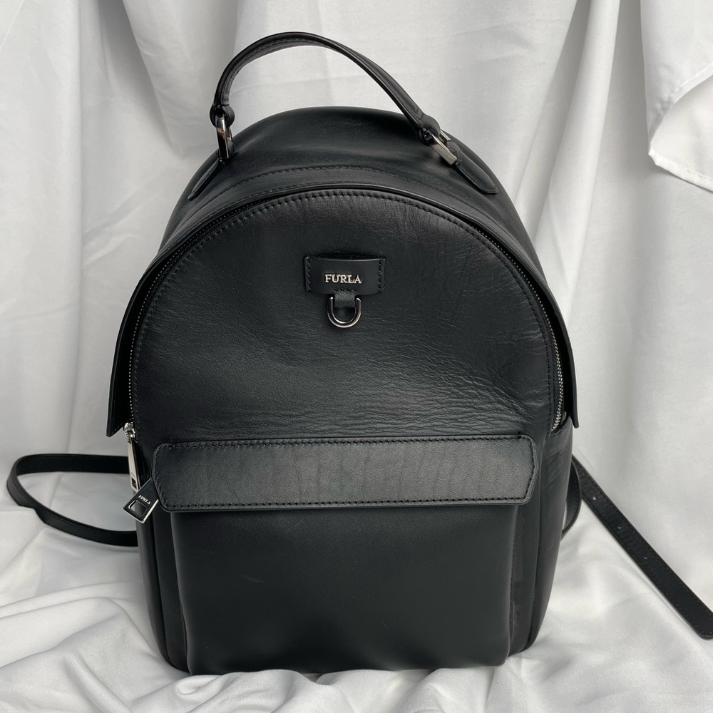 Furla Favola Black Onyx Leather Backpack 998401 with silver hardware